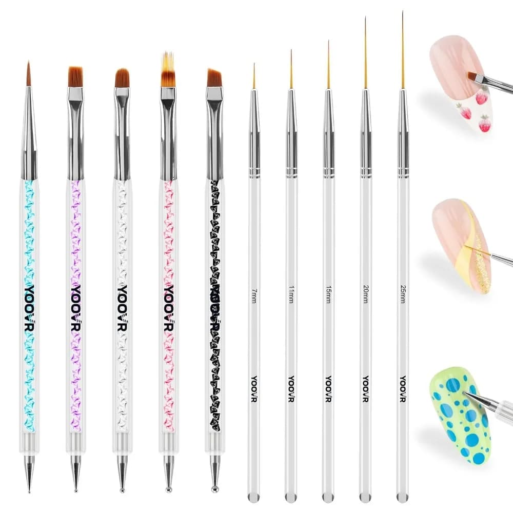 10pc Nail Art Design Tool Set: Brushes, Dotting Tools for Salon or DIY Manicures
