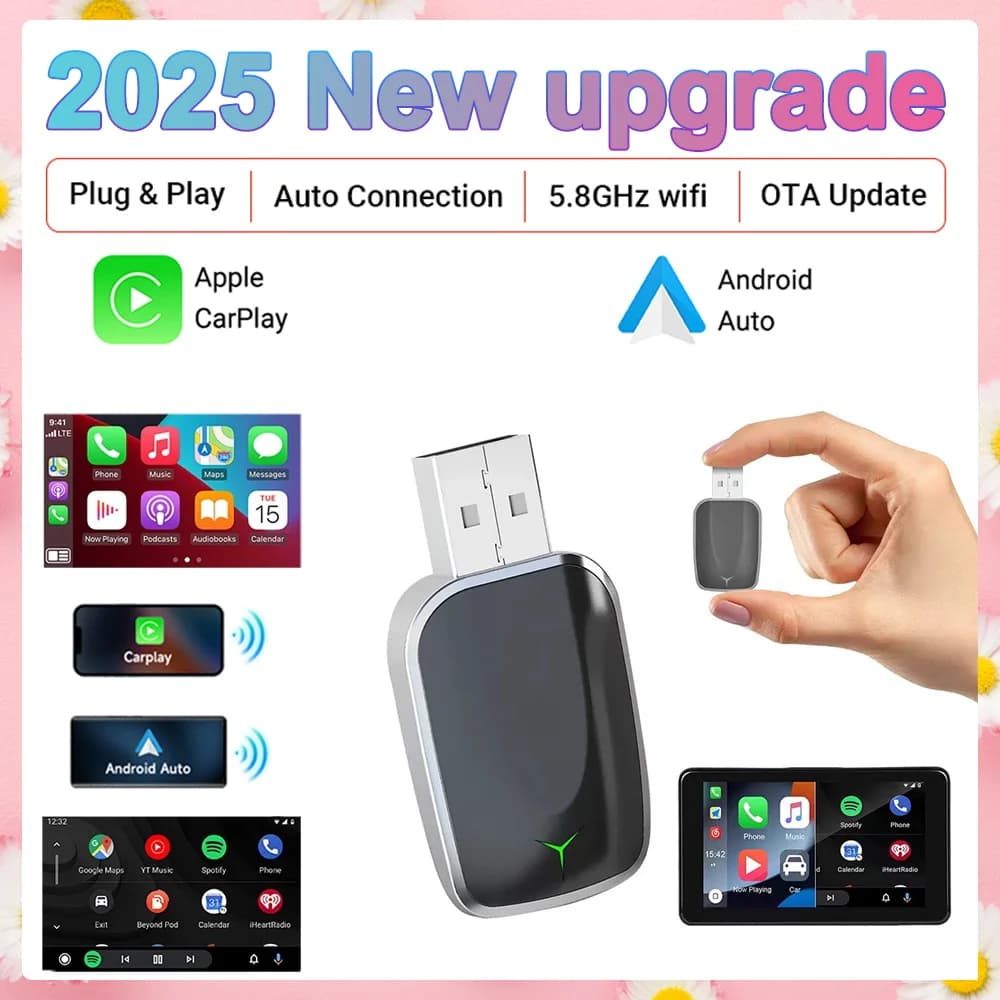2025 Nuovo aggiornamento Carplay Android 2In1 Adattatore cablato per gadget per auto wireless Smart Box Plug & Play 5Ghz Wifi Collegamento rapido Mini Box