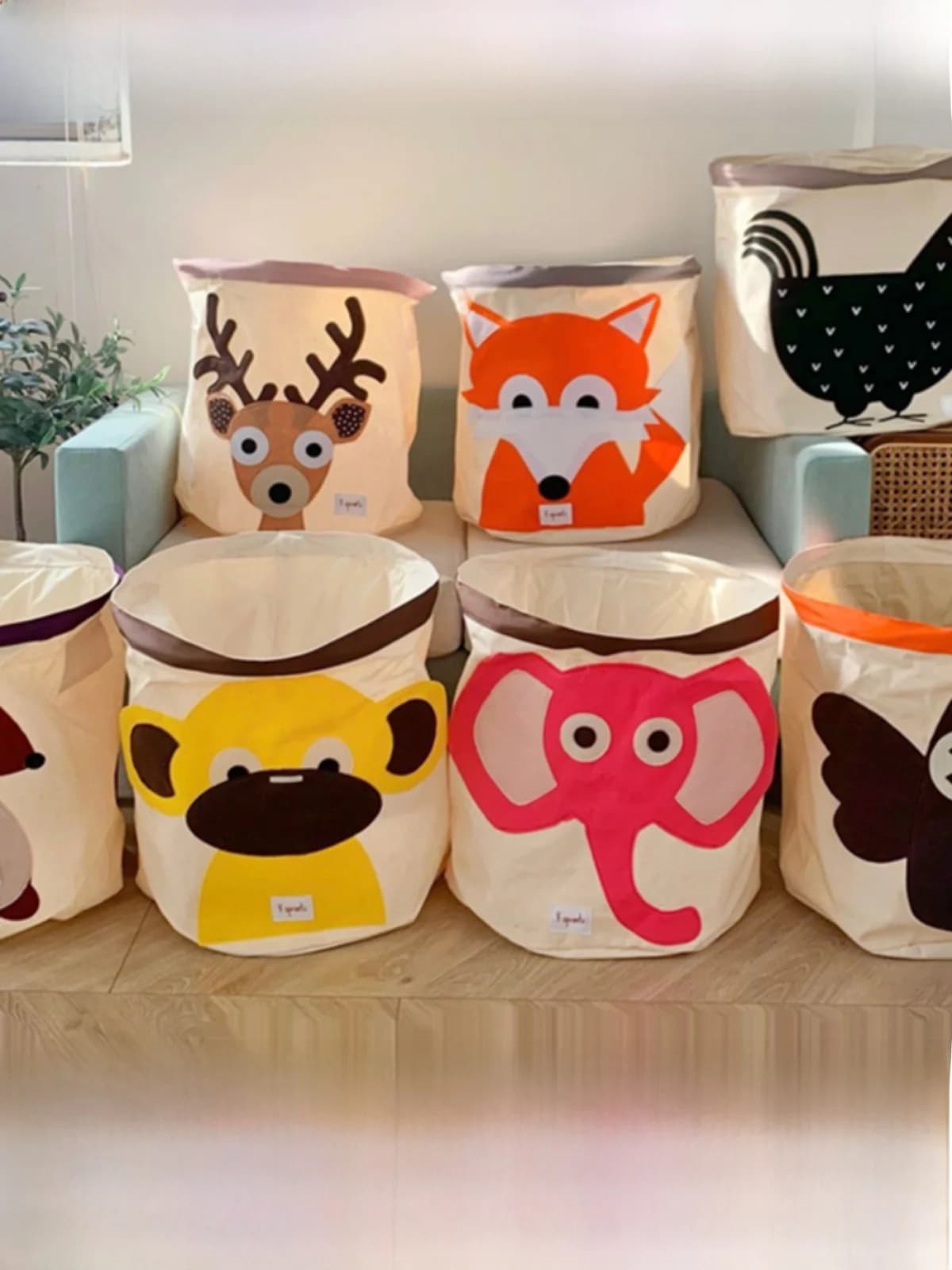 Bue Cartoon Shaped Fabric Basket, Round, Foldable with Lid, Baby Room Storage Solution