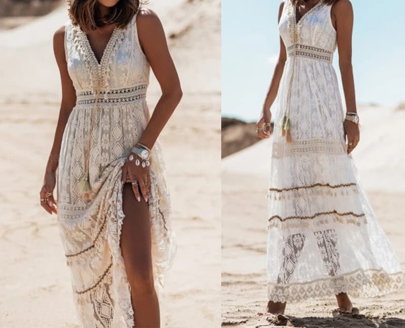2026 Summer Temperament Bohemian Long Dress Women's Lace Splicing Pendulum Dress