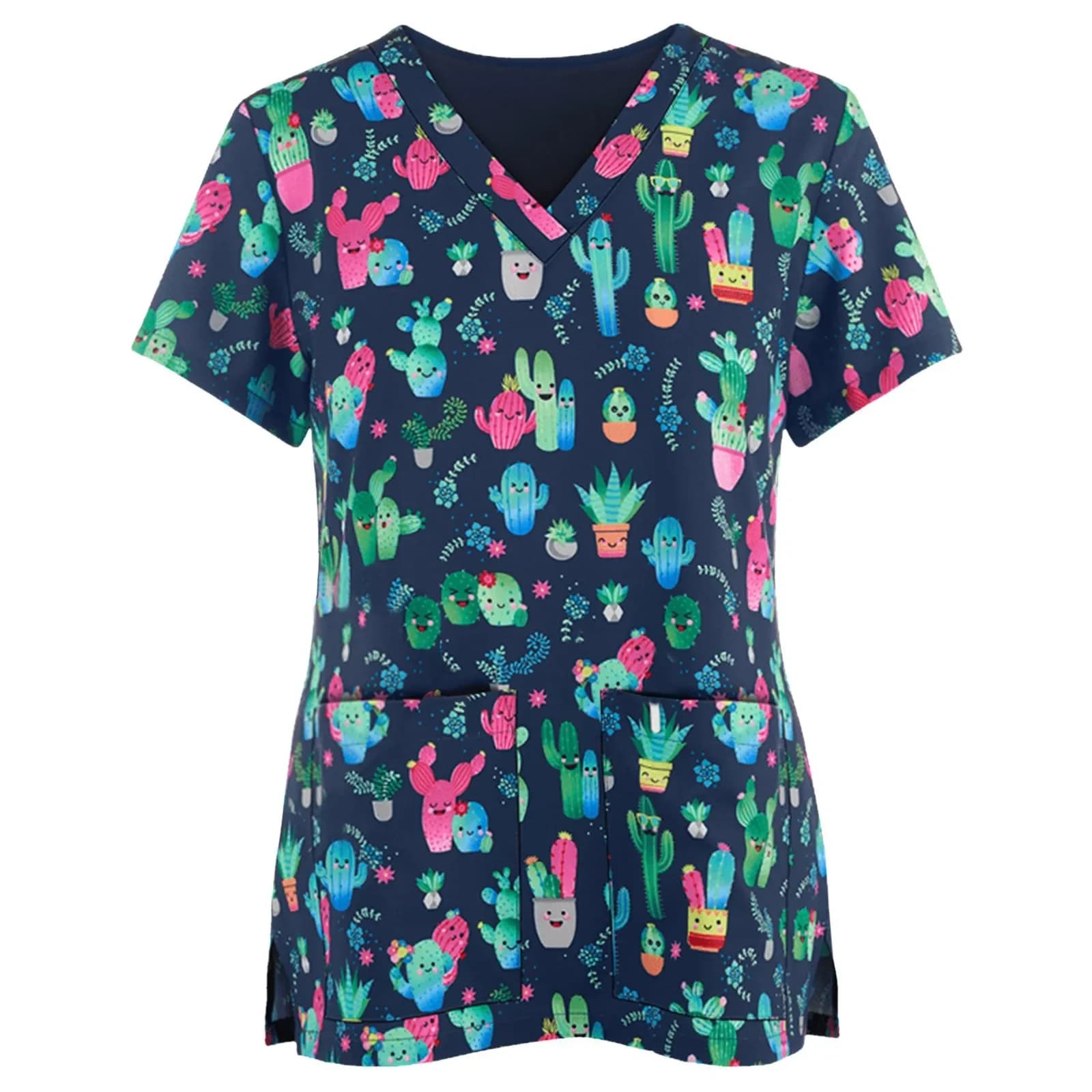 Uniforme da lavoro da donna Stampa animalier Cartoon Cat Dog Manica corta con scollo a V Top Femme Camicetta Abbigliamento da lavoro da infermiera Uniformi mediche