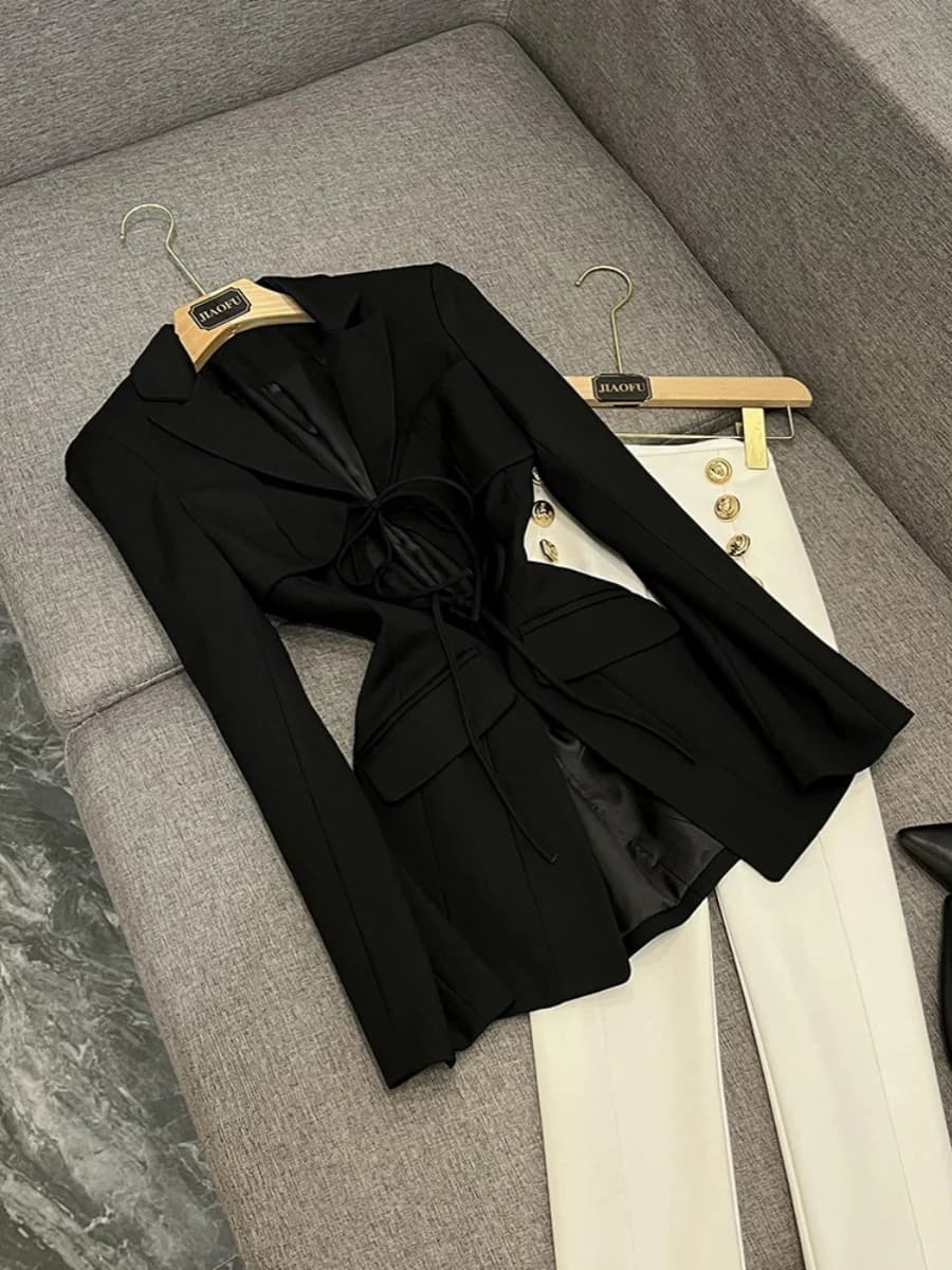 Asymmetrical Jacket Traforata Woman Slender Effect, Office Spring Style, Midi Coat with Belt and Long Sleeves, Chinese Design