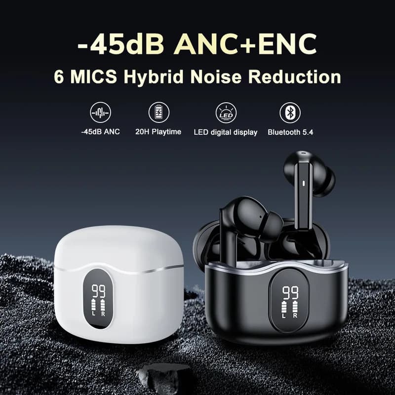 Digital Display Screen Bluetooth Earphones Deep Noise Reduction Hybrid Feedback ANC ENC Semi In Ear Six Microphone HIFI Earbuds