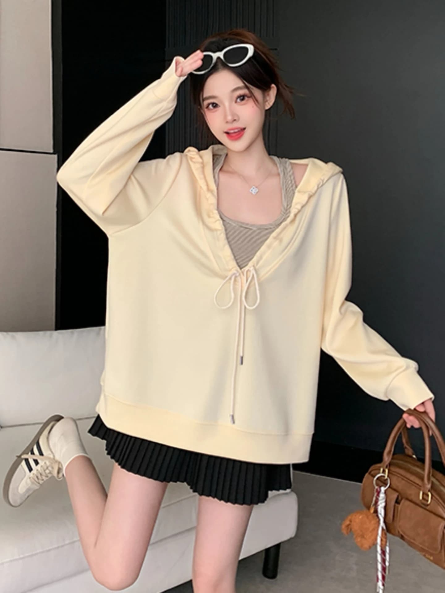 plus Size Women's V-Neck Hoodie And Halter Top Set Conceal Body Design Spring Autumn Long Sleeve Belted Waist Regular Fit
