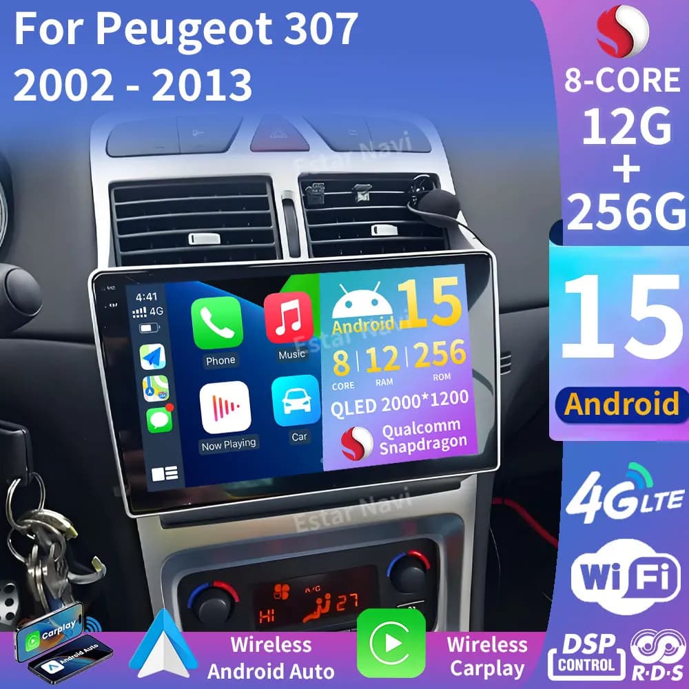 9 "Android 15 Per Peugeot 307 SW 307CC 307SW 2002 - 2013 12G + 256G 4G NET + WiFi DSP Autoradio Lettore Video Multimediale 360 Macchina Fotografica