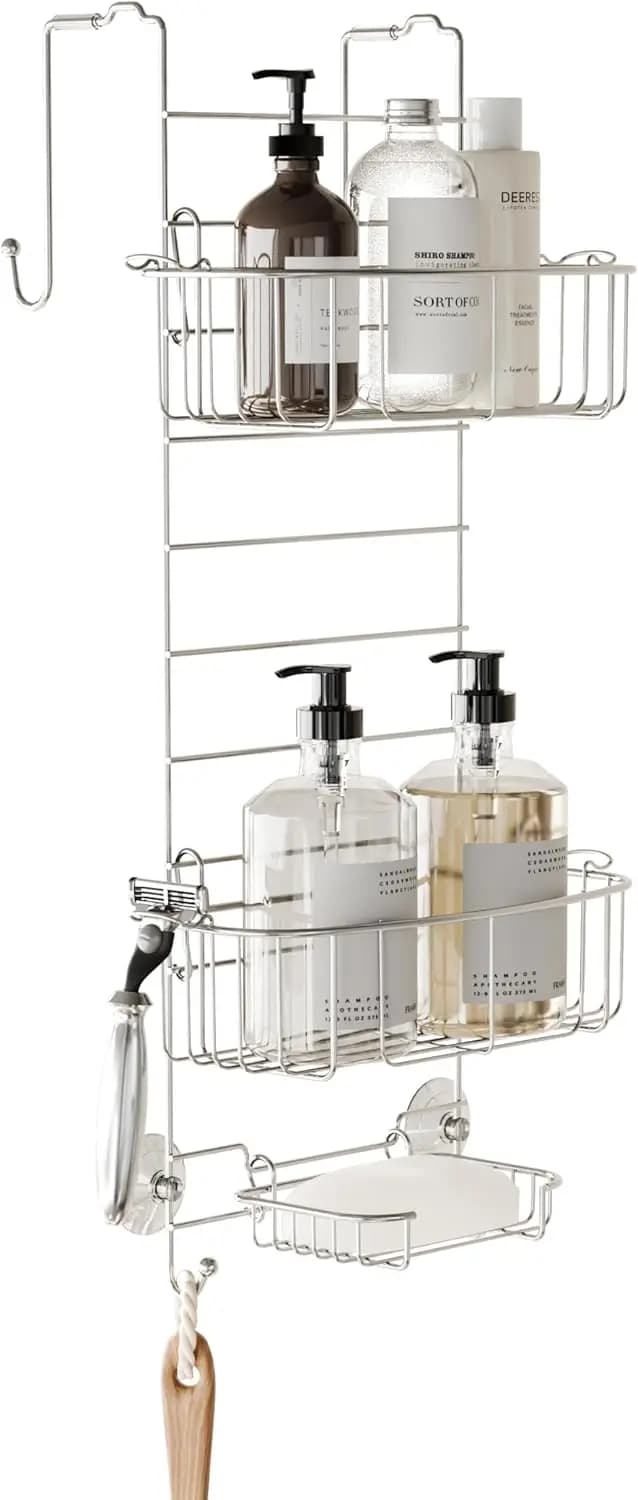 Organizzatore per Doccia in Acciaio Inox con 2 Ripiani Regolabili e Ganci, Portaoggetti da Appendere per il Bagno