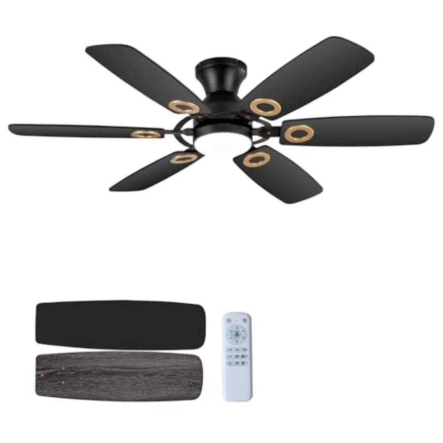 Ceiling Fans with Lights, Black Low Profile Flush Mount with Remote Control, 48 inch, 6-Speed Quiet Reversible DC MotorDimmable