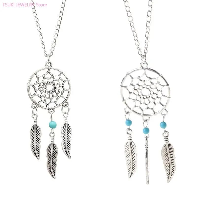 62KE Dream Catcher Pendant Necklace Dangling Leave Filigree Tribal Necklace for Party