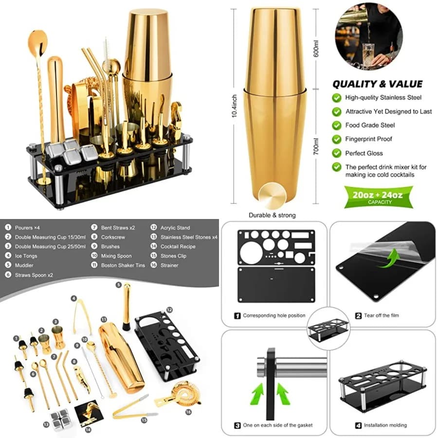 Set Shaker per Cocktail, Kit da Barman Professionale in Acciaio Inox Boston da 23 Pezzi con Supporto in Acrilico e Libretto di Ricette per Cocktail
