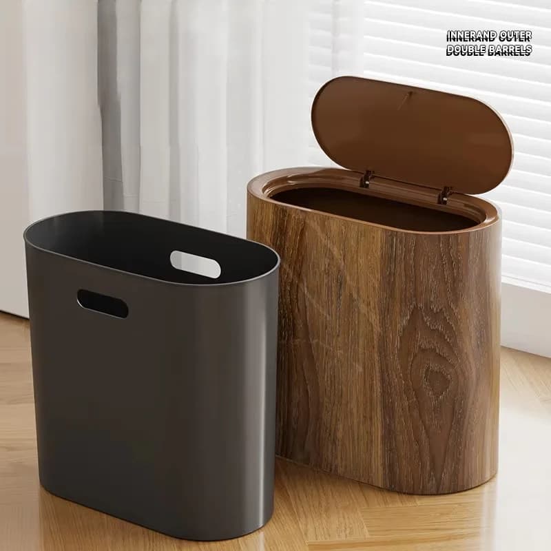 French Retro Faux Wood Grain Trash Can Modern Large Capacity Waste Bin For Living Room Kitchen Bathroom Home Garden Wastebasket