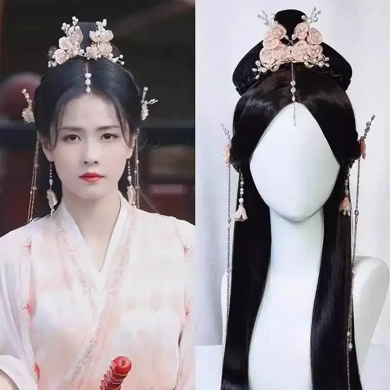 Ancient Style Hanfu Women's Wig Full Head Set Hair Accessories Long Yue Jin Ming Imitation Ye Xi Mist Same Style Pearl Pink