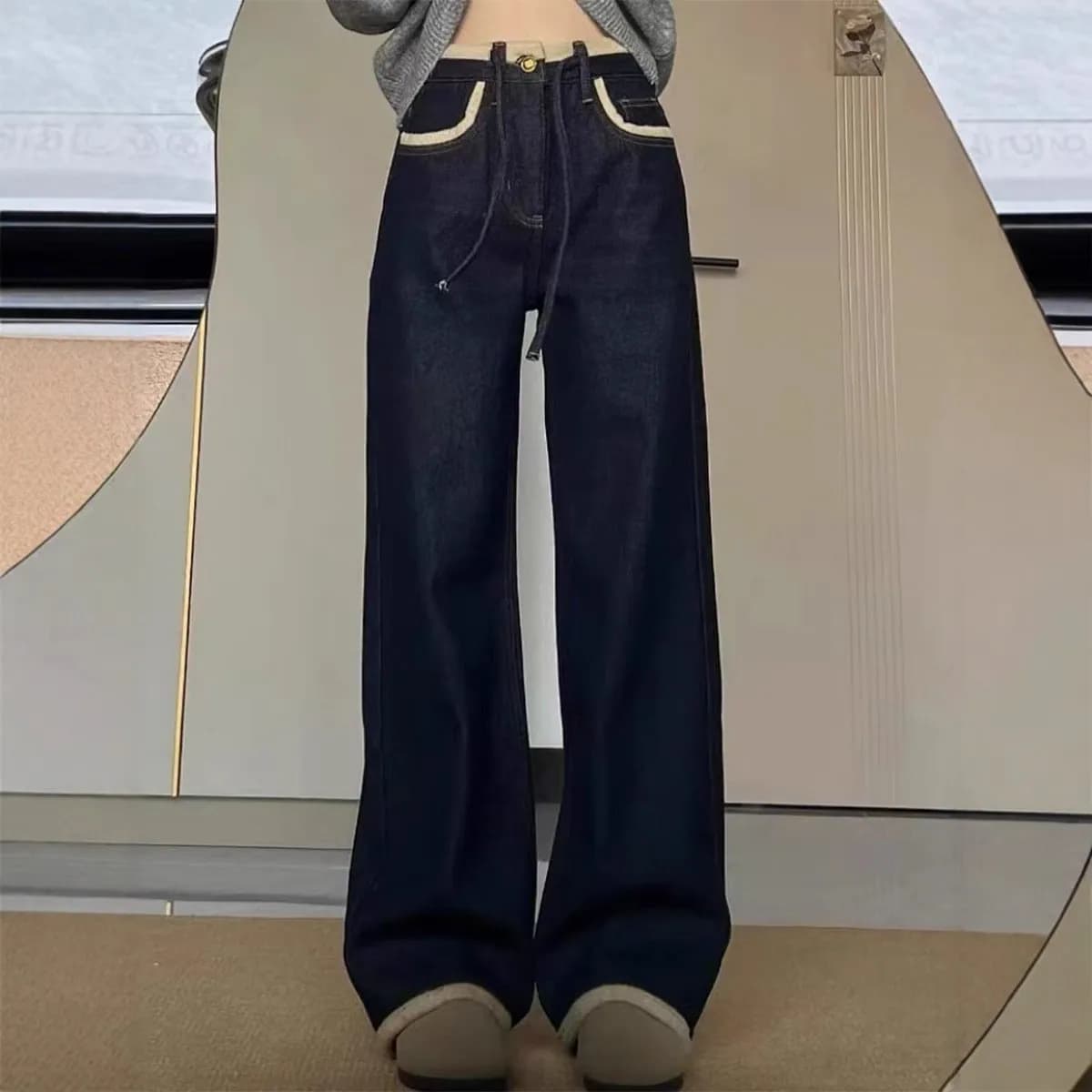 Jeans da Donna in Pile Spesso a Vita Alta, Gamba Dritta, Comodi e Casual, Lunghi fino al Pavimento, Moda Invernale 2025
