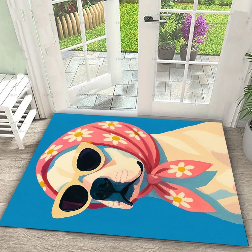 Cute Fashion Animal with Sunglasses Daisy Bandana Doormat Non Slip Absorbent Entryway Floor Rug Home Decor Mat
