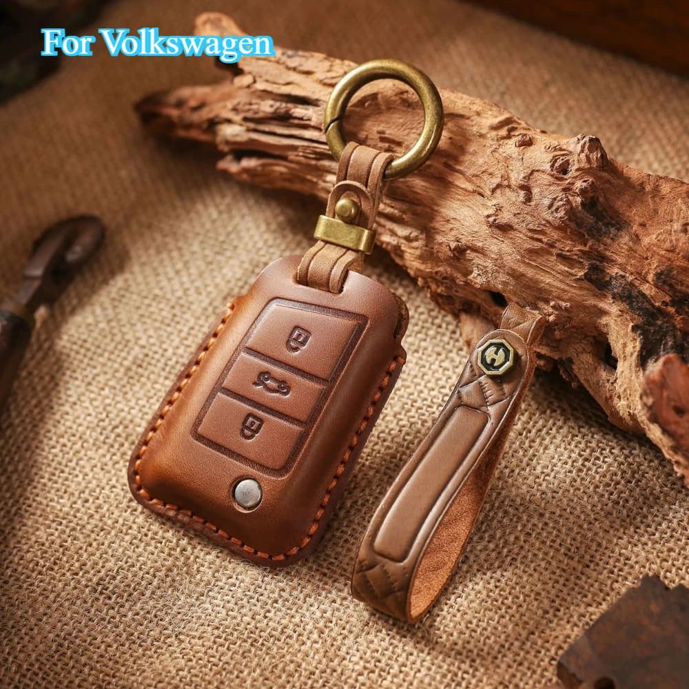 Premium Top Grain Leather Key Cover for Volkswagen Golf Tiguan Passat Full Protection w/ Metal Ring Leather Strap Anti-Scratch