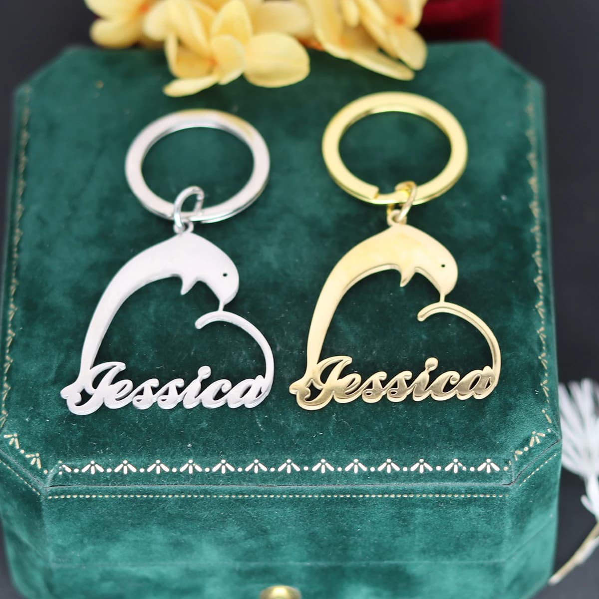 QIAMNI Lucky Dolphin Keychain Personalized animal Keychain with beach heart Keychain with stainless steel laser engraved plate