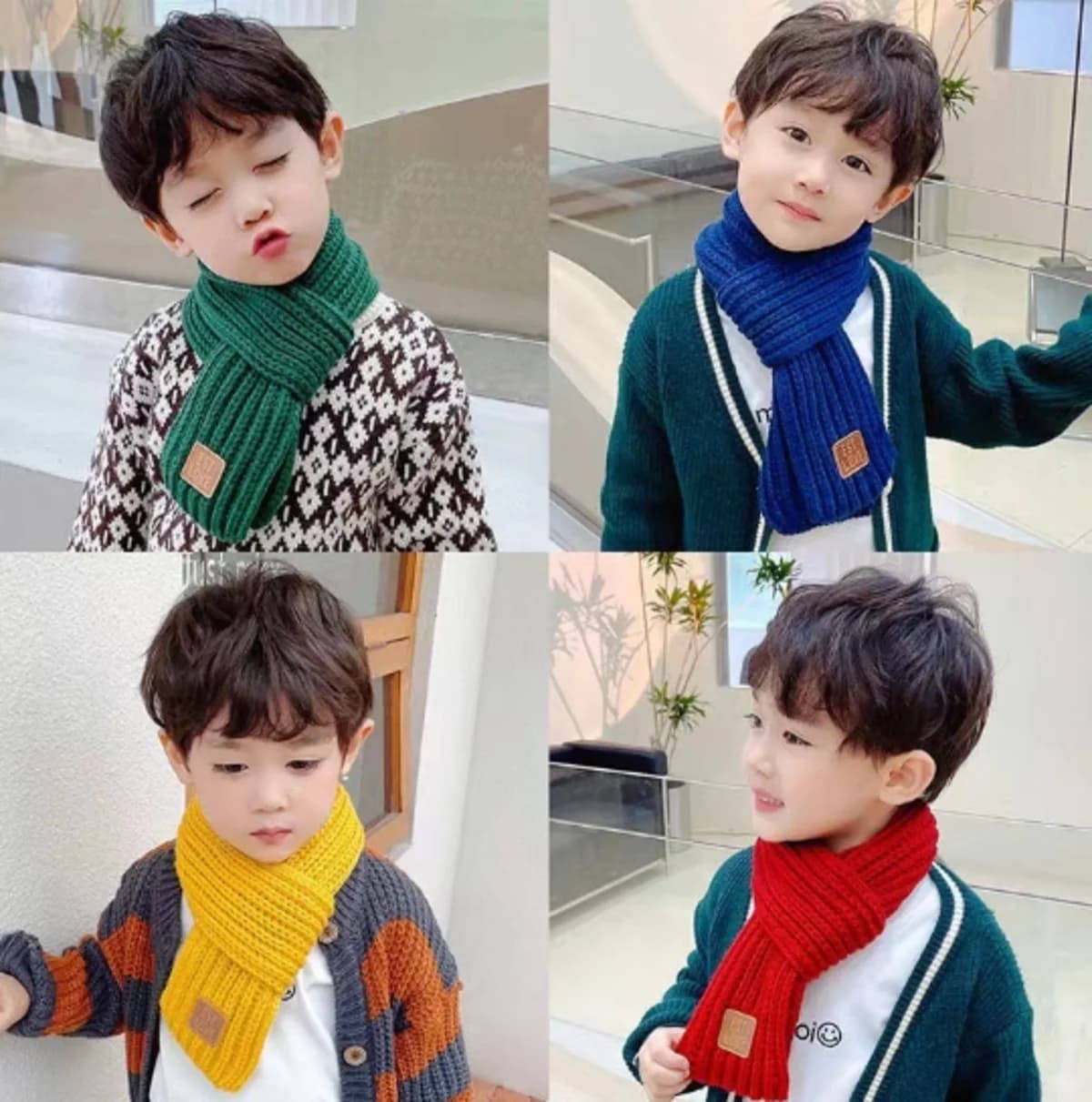 High Quality Korean Style Toddler Knitted Crossover Scarf Ultra Soft Ribbed Neck Gaiter with Vintage EST Leather Label
