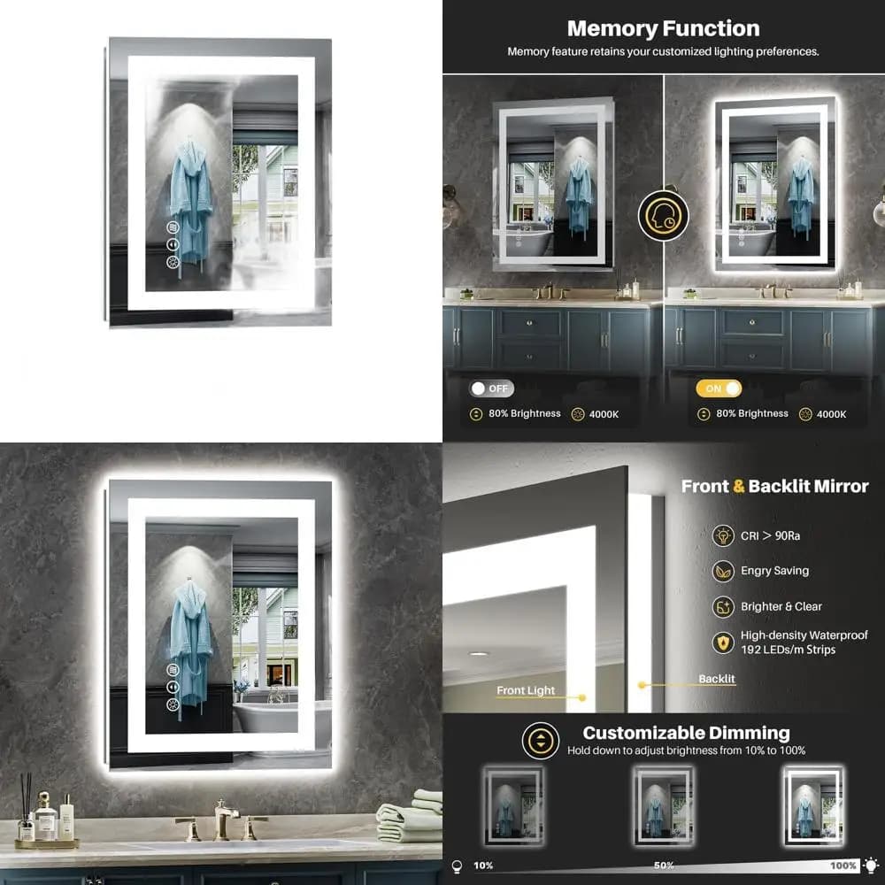Specchio da bagno illuminato a LED da 20x28 pollici, antiappannamento, dimmerabile, specchio da parete in vetro temperato con funzione di memoria