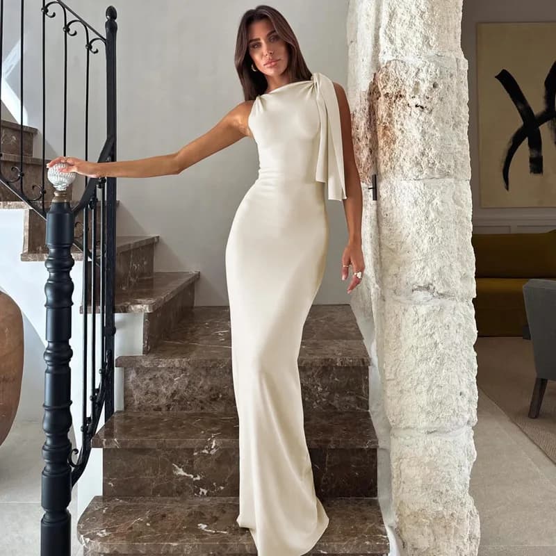 Fashionable Pure Color Single Shoulder Sash Long Dress New Arrival Summer 2026 Elegant Women's Clothing Date Night Gown