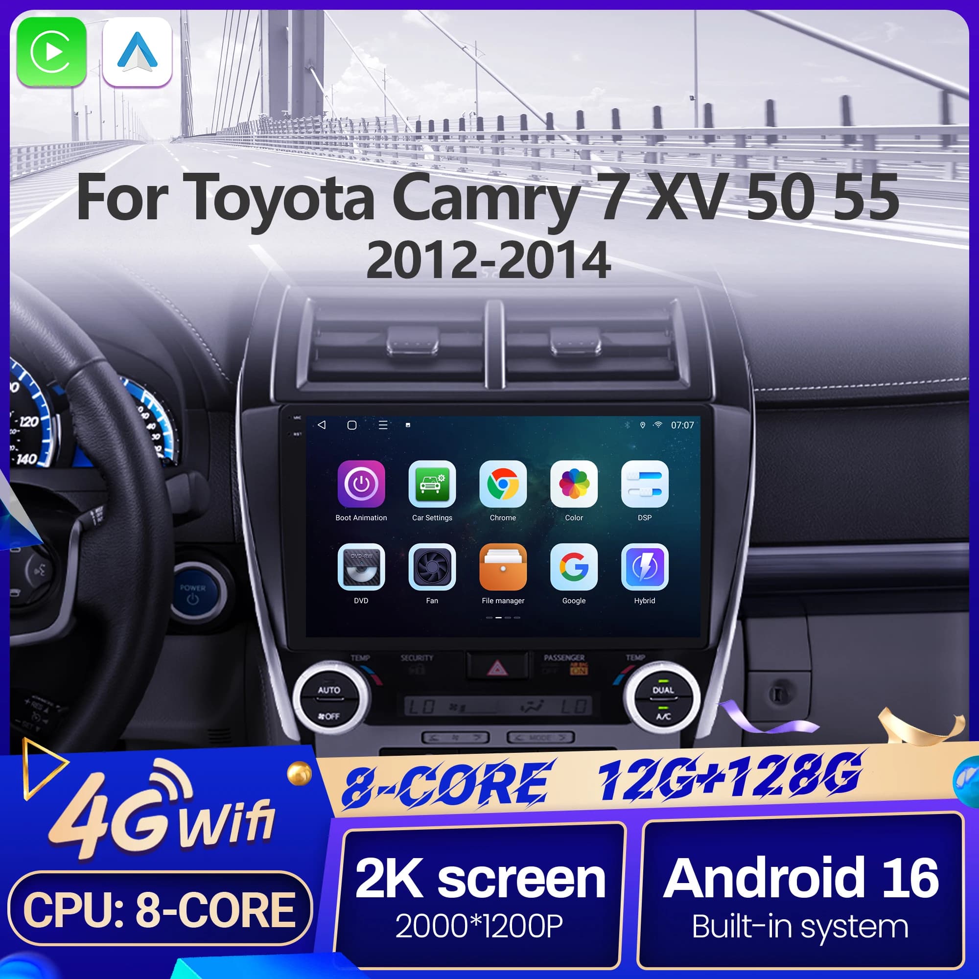 10" For Toyota Camry 7 XV 50 55 2012-2014 Car Multimedia Radio Android 16 System BT Carplay Android Auto 2K QLED Screen GPS 5G