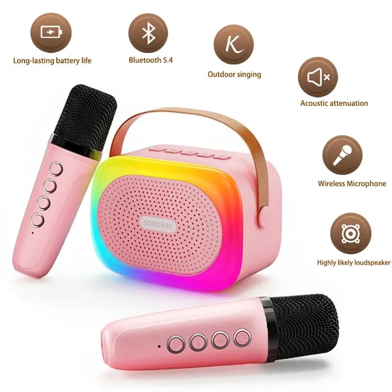 Mini macchina per karaoke con 2 microfoni wireless Altoparlanti portatili Campeggio Festa in casa Regali di compleanno per bambini Altoparlante Bluetooth forte