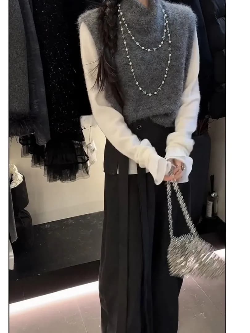 Ele High-End Faion Set Women's Spring Knitted Vest Underwear Suit Pants Curtain Layering Long Sve High Waist