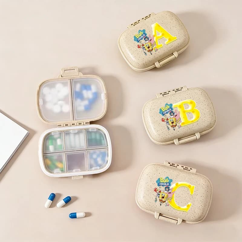 Nuovo Portapillole Portatile Mini SpongeBob SquarePants con 8 Scomparti, Contenitore per Compresse, Astuccio da Viaggio per Medicinali