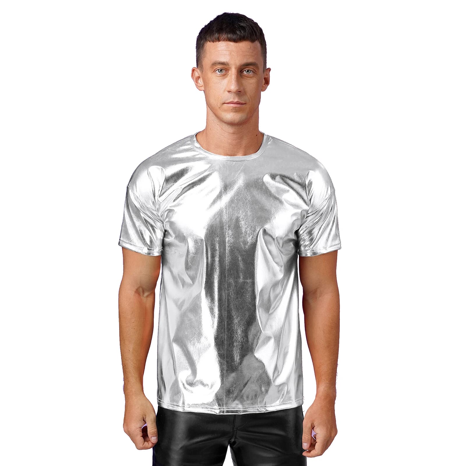 Camicie da ballo da uomo Top Abiti da spettacolo per feste anni '80 T-shirt girocollo a maniche corte metallizzata lucida per giochi di ruolo in club show