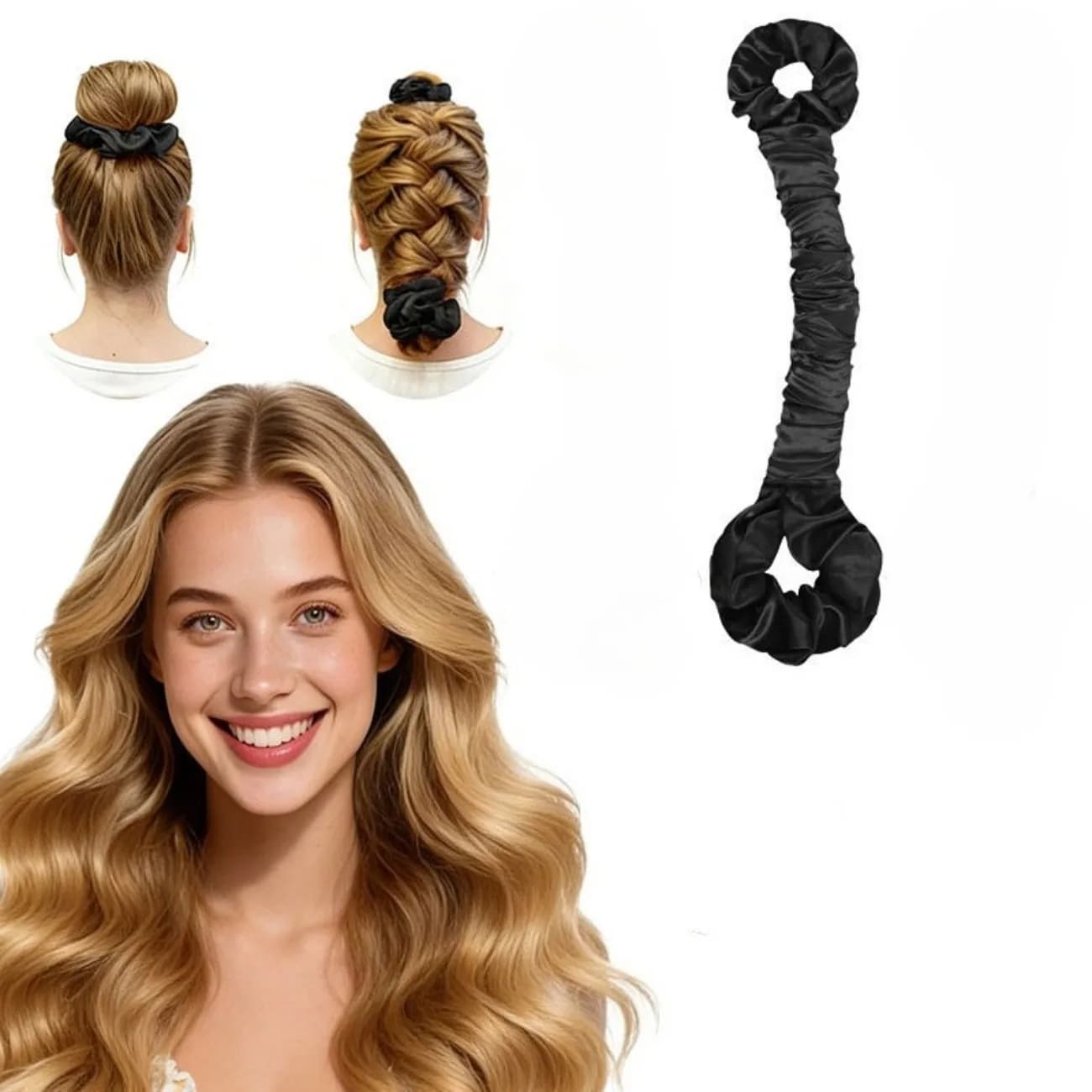 1 Piece Arricciacapelli Multifunction Without Calore in Raso and Elastic for Hair, Bastoncino Arricciacapelli con Scrunchie (Per Ricci Grandi)