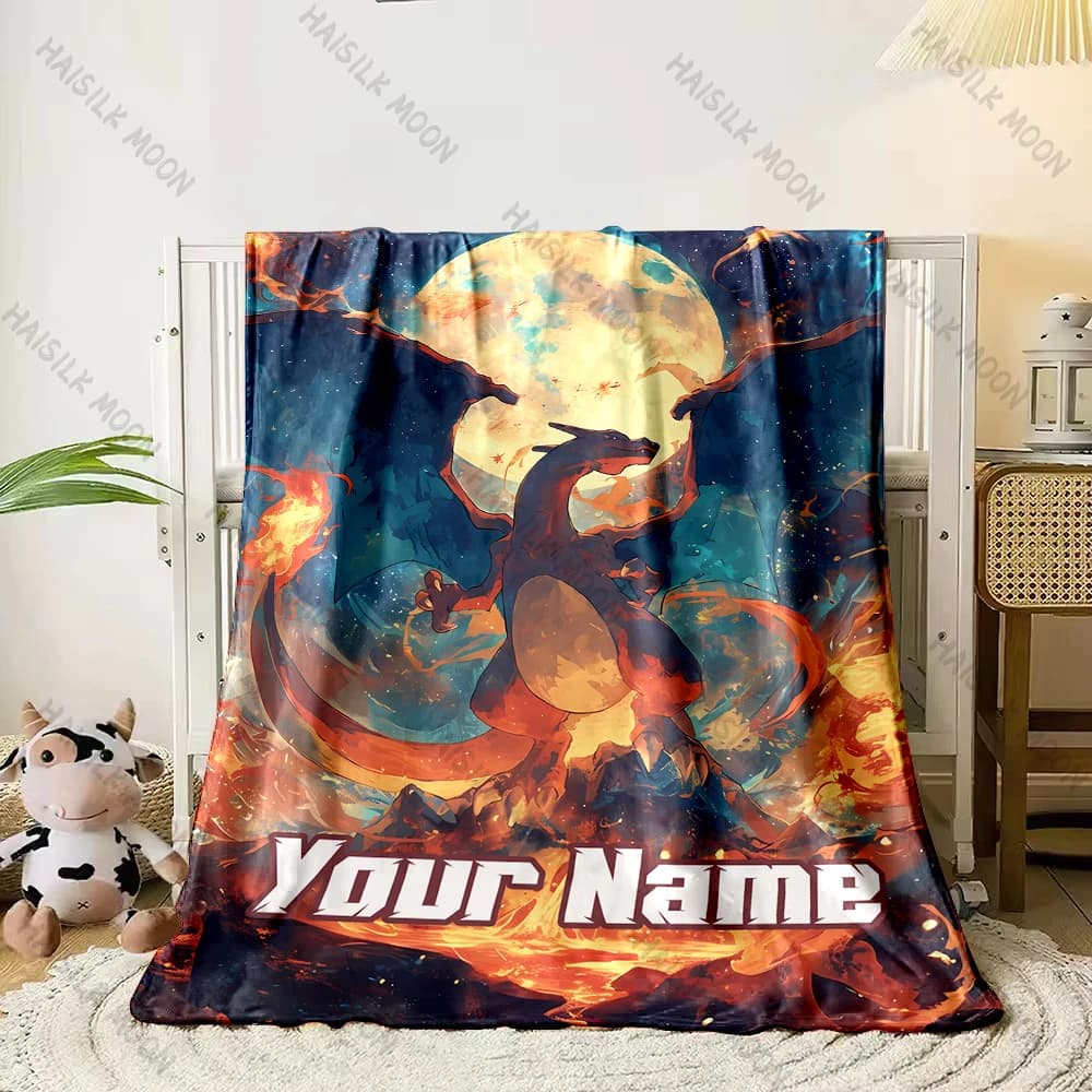 Coperta Personalizzata con Nome e Stampa Pokemon Charizard, Adatta per Divano, Letto, Viaggi, Campeggio, Sedia e Regali per le Vacanze
