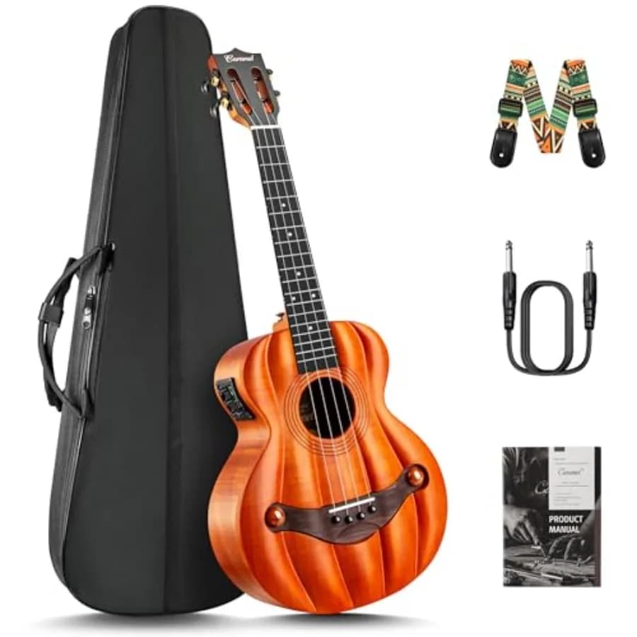 Ukulele Tenore TEM45 Stile Zucca 26 Pollici con Top Solido in Okoume Fiammato e EQ, Ukulele Acustico Elettrico per Performance sul Palco e P