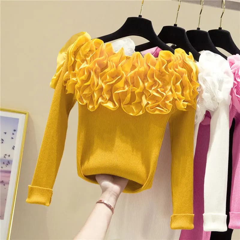 Maglione con scollo a barchetta pieghettato con decorazione linea luminosa Donna Autunno Inverno Nuovo top a maniche lunghe slim tutto-fiammifero