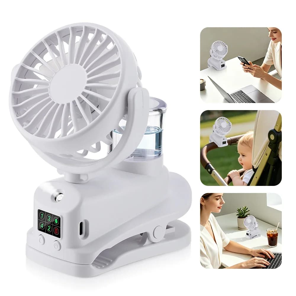2026 Portable Clip Fan Rechargeable Desktop Fan 360° Rotatable Hanging Fan Mini Water Spray Humidifier Fan For Outdoor Camping