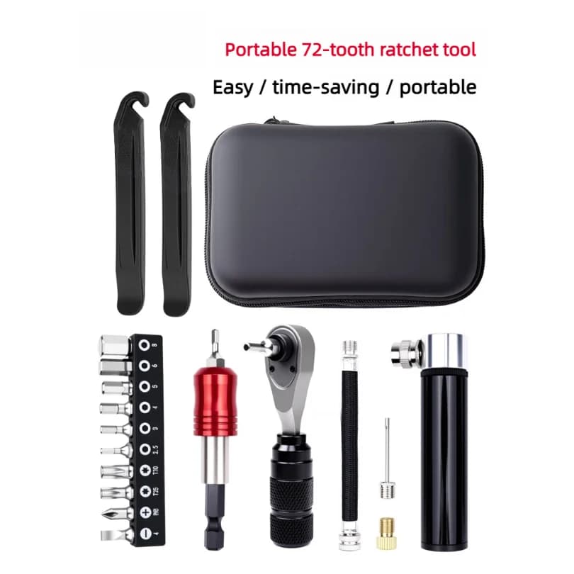 Kit attrezzi per bicicletta: set di chiavi a cricchetto e punte, leva per pneumatici da mountain bike, pompa speciale per bici da strada