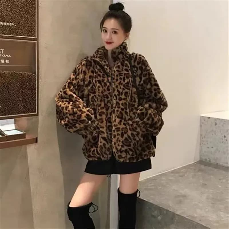 Cappotto in pelliccia imitazione stampa leopardata Donna Autunno Inverno Nuovo colletto alla coreana Giacca corta in pelliccia di visone Capispalla casual in peluche femminile T1660