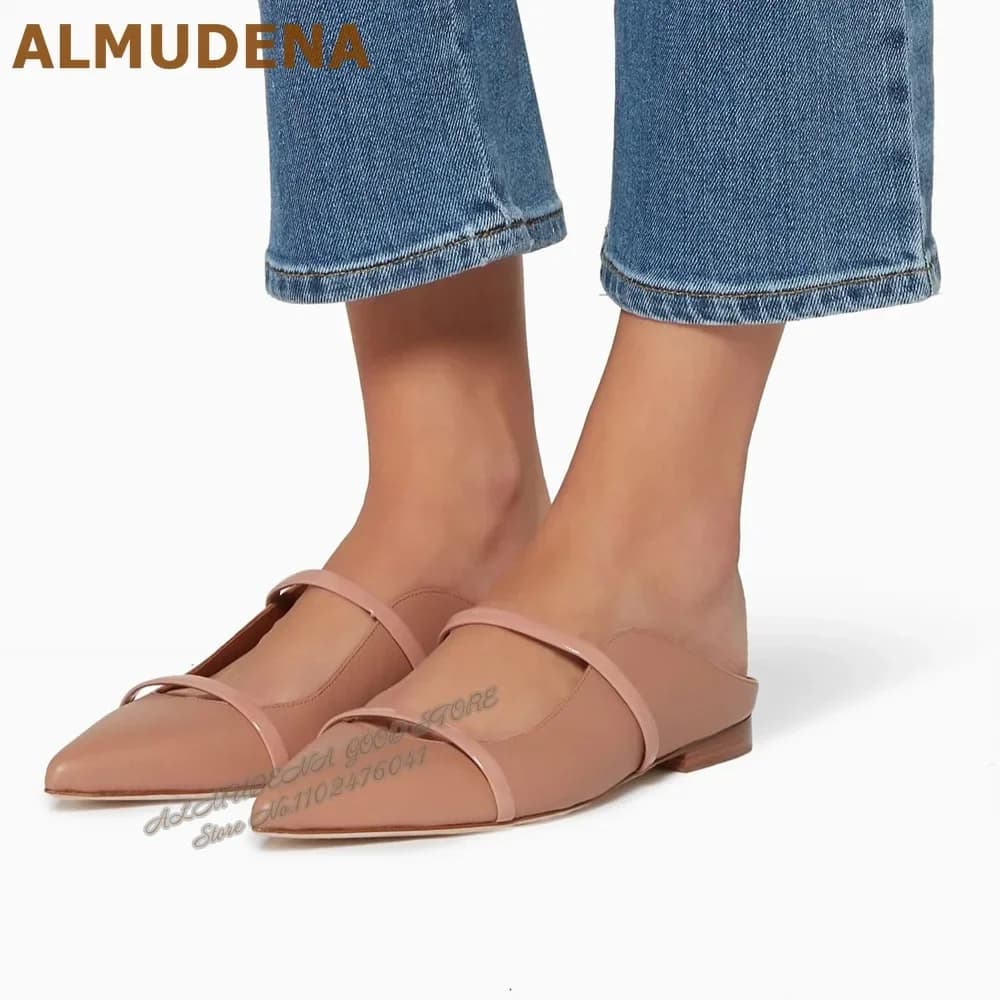 ALMUDENA Nude Matte Flat Mules Pointed Toe Slip-On Straps Dress Shoes Comfortable Modern Slippers Summer Sandal Shoes