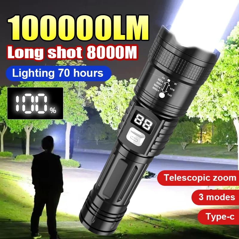 100000LM Rechargeable LED Flashlight Type C Long-Ray Tactical Lamp for Outdoor Waterproof Camping Lantern