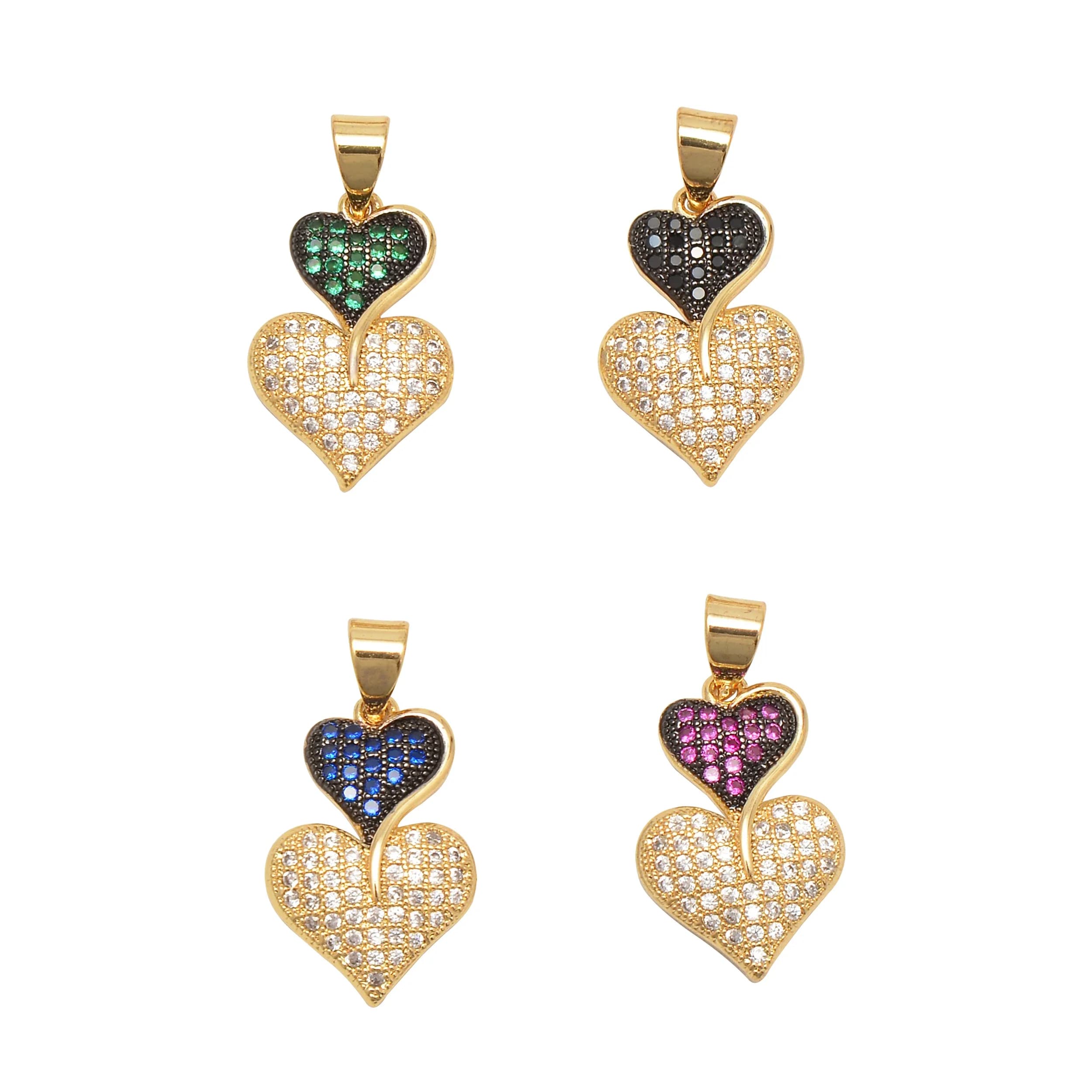 Doppio cuore ciondolo chiusura orecchini fai da te collane catena artigianato forniture artigianato pavimentato zircone ottone accessori di lusso 2 pezzi