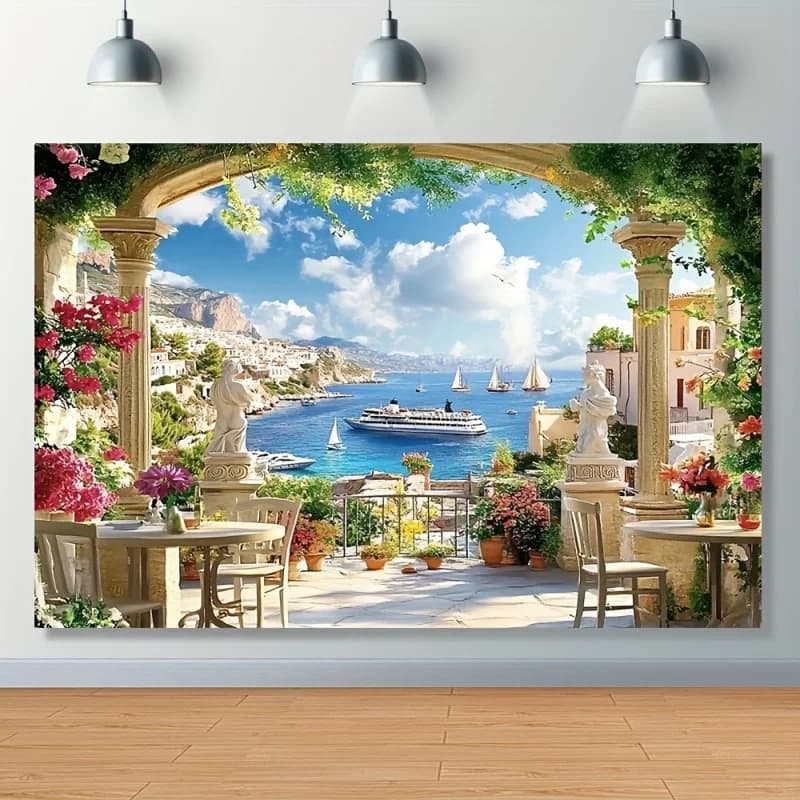 Italian Garden Terrace & Mediterranean Bay Landscape Tapestry Wall Hanging for Living Room Bedroom Office Unique Decor
