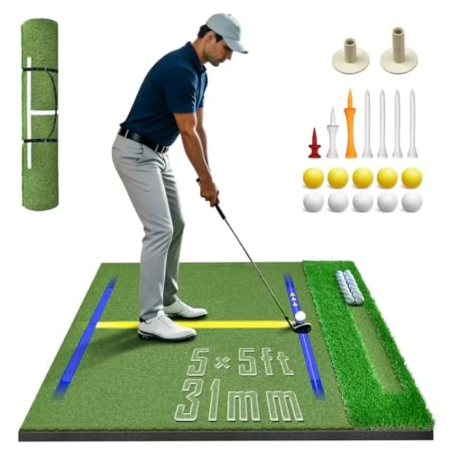 Tappetino da Golf Ingrandito e Ispessito 31mm, 5x5ft, con Doppio Tappeto e Vassoio Porta Palline per Esterni, Commerciale Rinforzato e Resistente