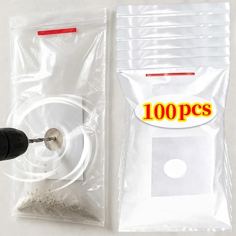 10/100Pcs Drill Dust Collector Bag for Wall Hole Punching Self Stick Plastic Cover Pre Cut Hole for Drill Bit Tearproof Reusable