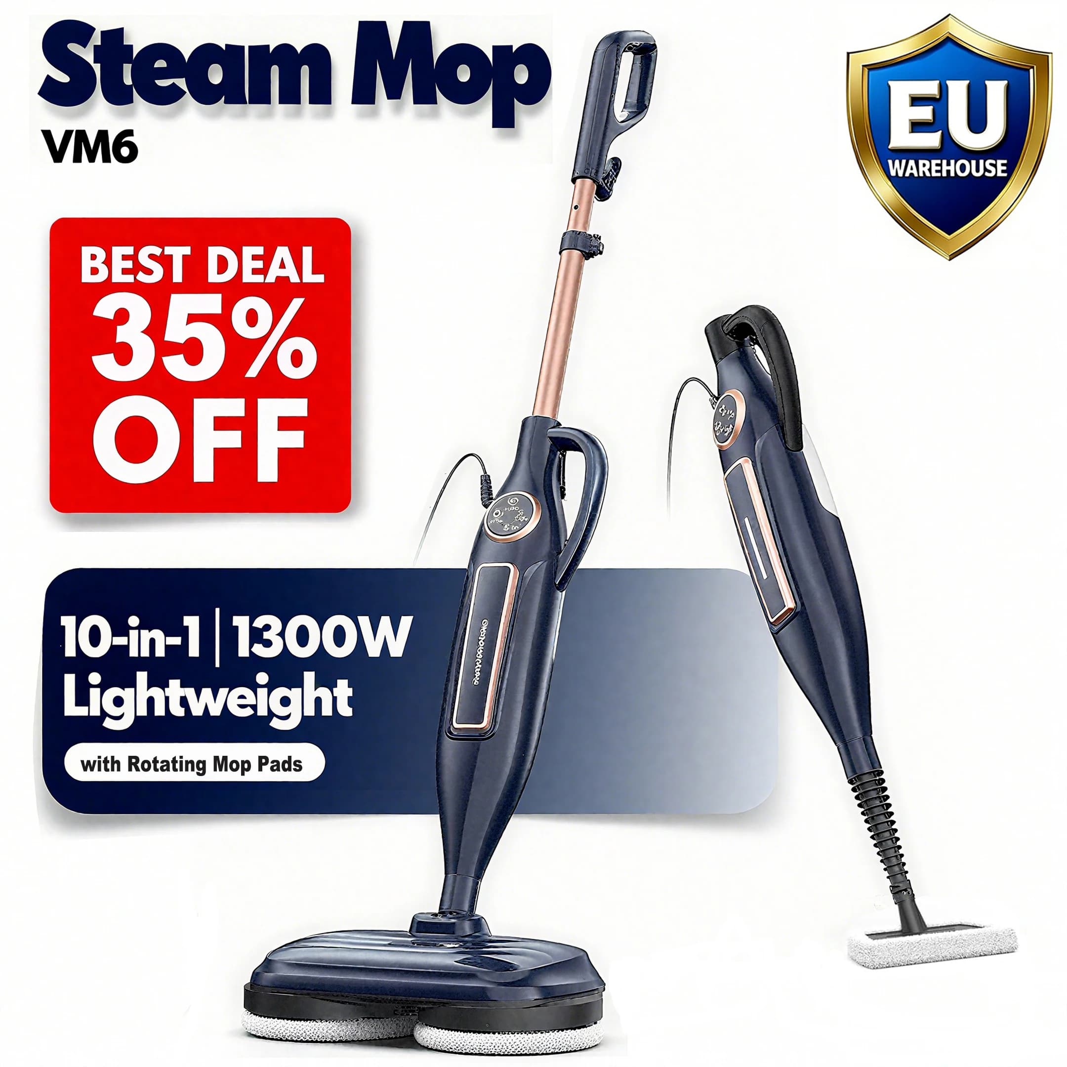 Pulitore per scopa a vapore con cuscinetto per scopa rotante 10 in 1 Mop leggero da 1300 W Potente vaporizzatore per pavimenti per laminato di legno duro domestico VM6