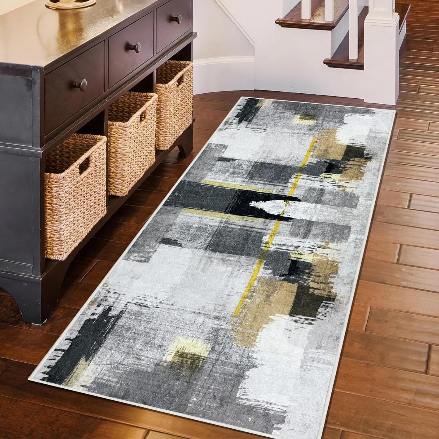 Modern Abstract Runner Rug Non-Slip, Artistic Grey Yellow Oil Paint Style Floor Mat Washable, Decorative Long Rug for Hallway