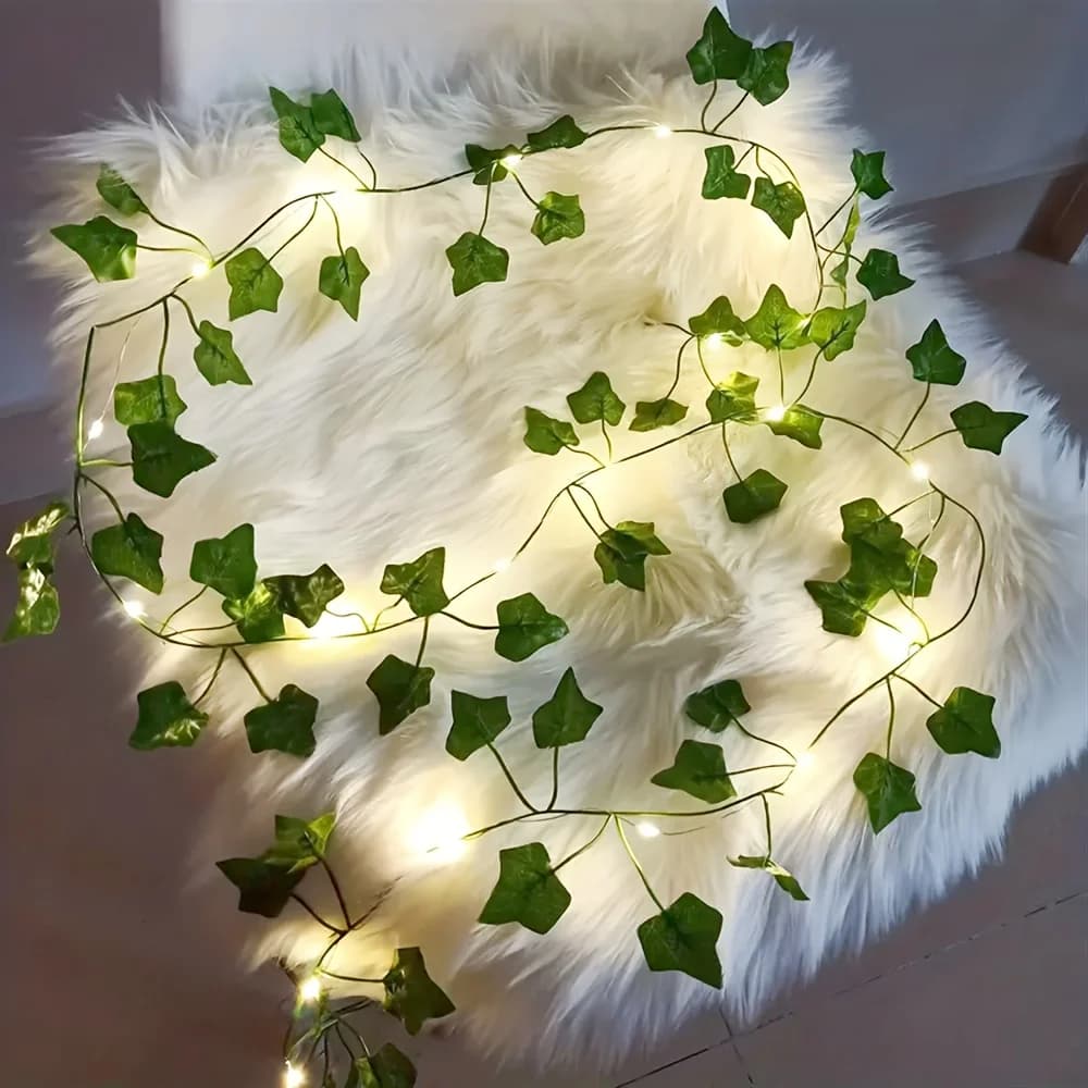 1 pz Ghirlanda Luminosa a LED 2M20, Luci a Filo di Rame a Batteria a Forma di Foglie di Edera Verde per Pareti, Centri Commerciali, Camere da Letto, Matrimoni
