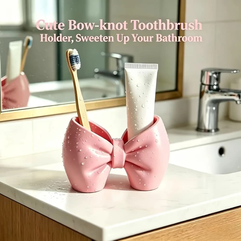 3D Printed Bow-knot Toothbrush Holder Cute Pink Bathroom Organizer Dual Compartment Stand for Toothpaste Cosmetic Vanity Storage