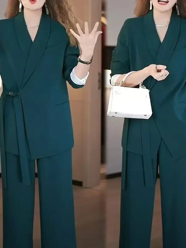 Completo da Donna con Pantaloni Larghi a Gamba Larga, Collezione Primavera, Vita Alta con Bottoni, Abbigliamento Casual da Lavoro, Set Due Pezzi Colorato