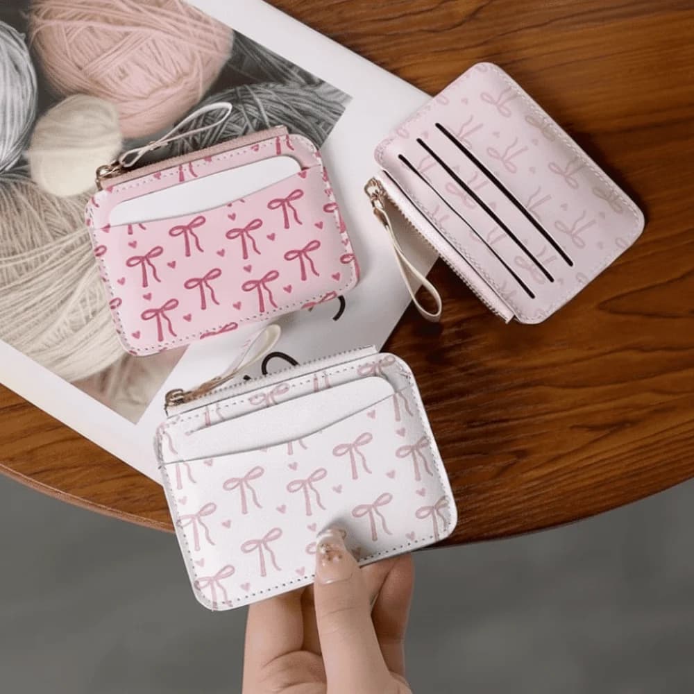 Fashion PU Leather Bow Wallet Multi-card Slot Zipper Short Card Bag Coin Purse Multi-functional Card Holder Travel