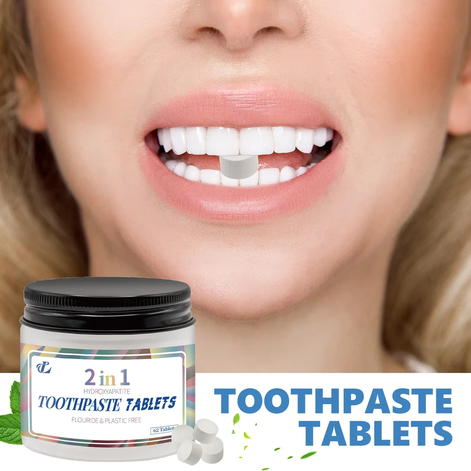 Chewable toothpaste tablets Gum Care - portable formula to mint taste from 62 packs. Cleaning teeth and refreshing oral hygiene.