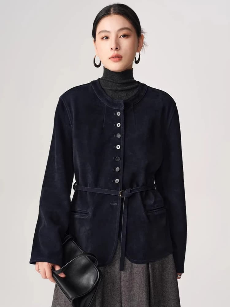 Classic O-neck Genuine Leather Jackets for Women Spring Autumn High-end Simple Vintage Short Real Sheepskin Suede Coat with Belt