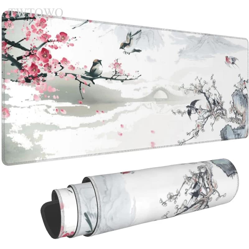 Tappetino per mouse in stile giapponese con fiori di ciliegio e uccelli Sakura, tappetino per mouse da gioco XL grande, nuovo tappetino per mouse XXL, tappetino per tastiera, tappetino per mouse per computer