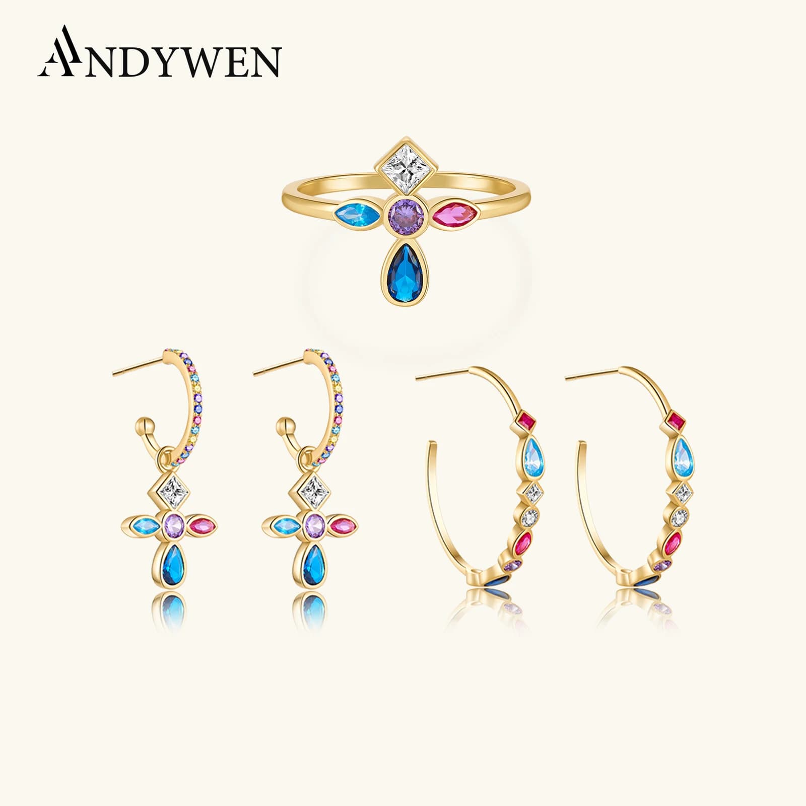 ANDYWEN 925 Sterling Silver Five Color Gold Rainbow Cross Drop Earring Hoops Piercing Ring Jewelry Set For Women Fashion Jewels